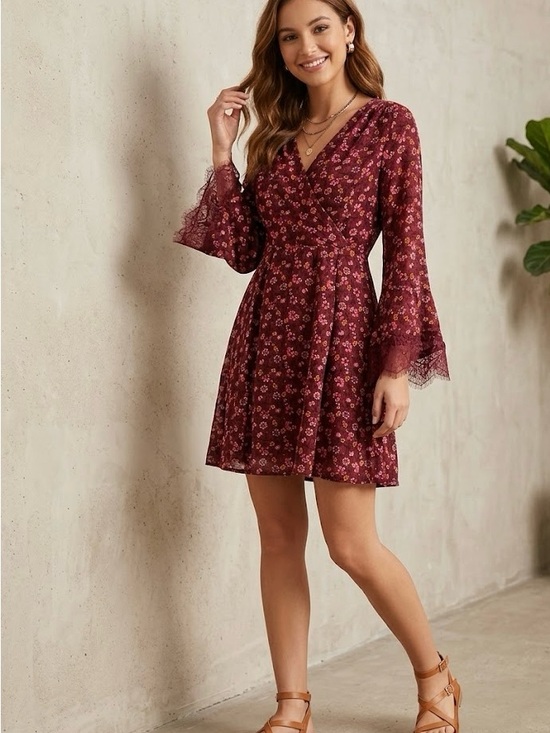 BONGO Dresses & Skirts - BONGO Maroon Floral Faux-Wrap Mini Dress Bell Sleeves Size:M